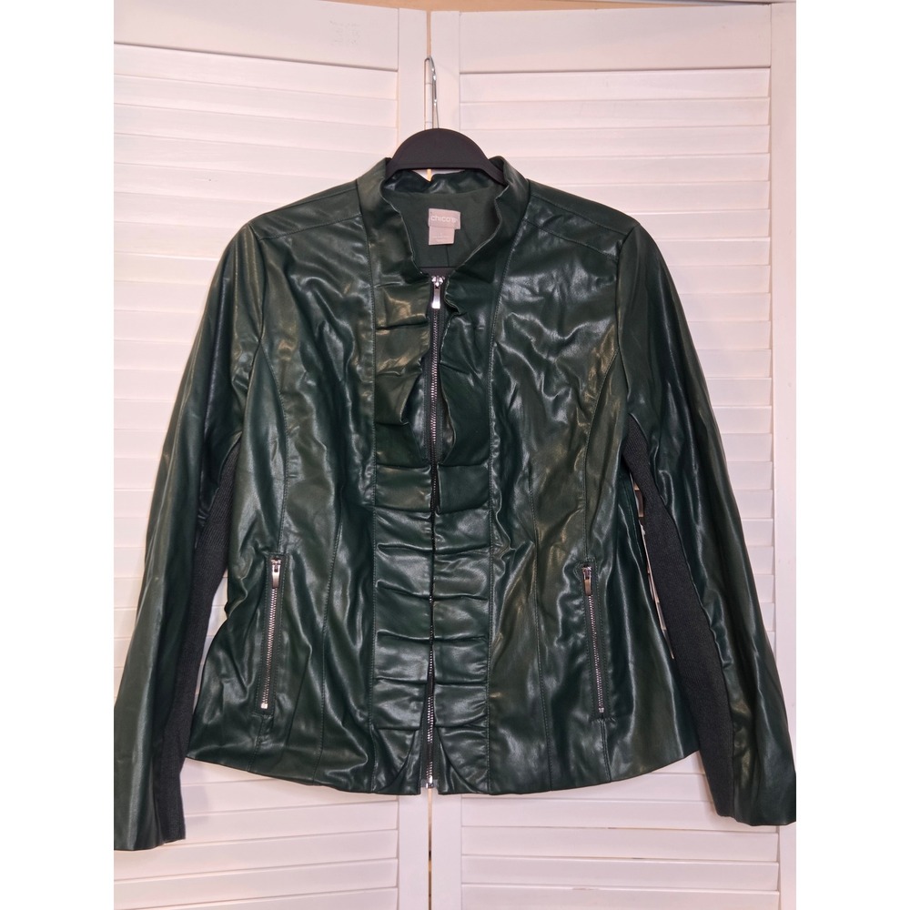 Chico's Faux Leather Ruffle Jacket 1 8/10 Aurora Green Zip Moto New 570249790